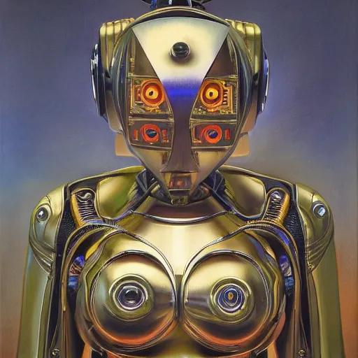 Prompt: the robot wearing her human mask, by christopher kit williams and donato giancola, symbolist, dramatic lighting, elaborate geometric ornament, art brut, god rays, soft cool colors, smooth, sharp focus, extremely detailed