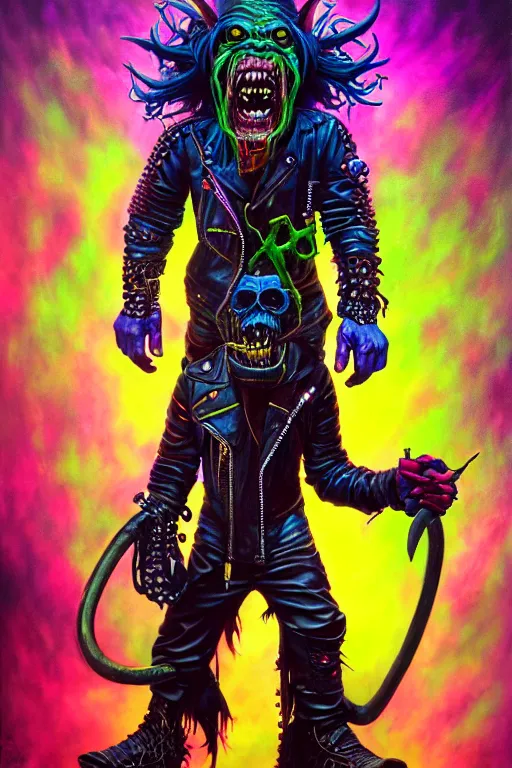 Prompt: an apocalyptic demonic orcish goblin biker character, cool pose, psychedelic vibrant colors, futuristic punk rock fashion, oil painting by michael whelan art, sharp focus, ultra realistic 8 k, biker goggles, 8 0 s hair, studded leather jacket, 8 k