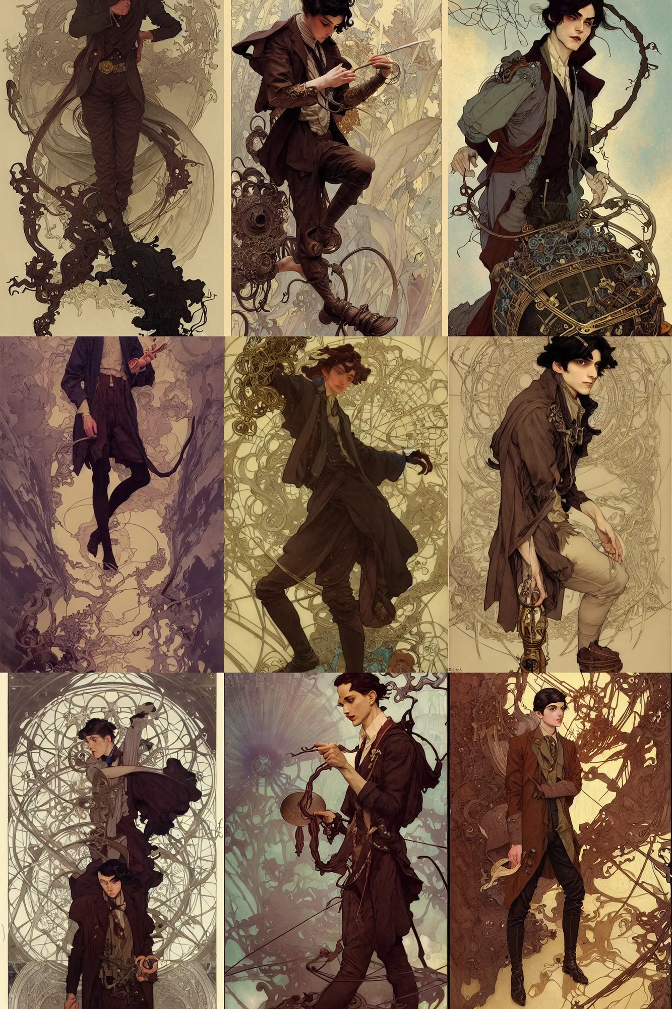 Prompt: thin young male alchemist, long dark hair, 1 9 2 0 s fashion, fantasy, highly detailed, intricate, smooth, art by joseph leyendecker, peter mohrbacher, ruan jia, marc simonetti, ayami kojima, cedric peyravernay, alphonse mucha, victo ngai