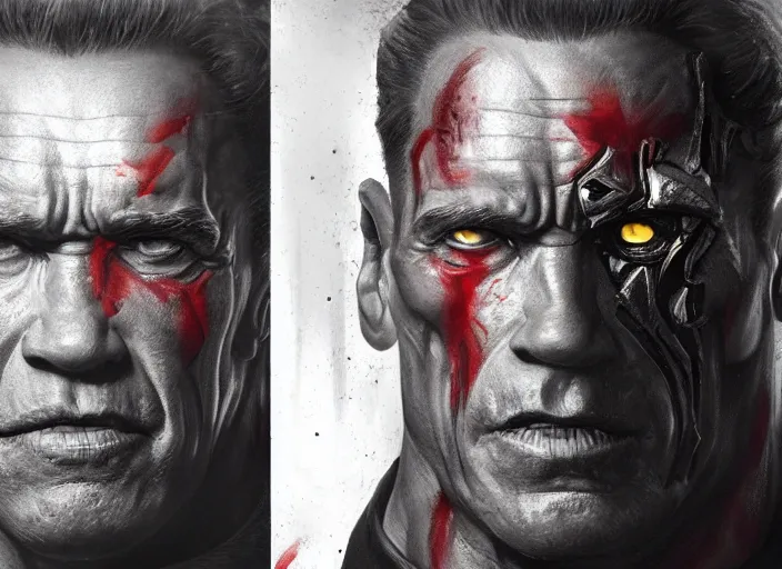 Prompt: arnold schwarzenegger as victor stone, full body concept, cyborg, borg, strogg, face of a man, terminator, flesh, quake strogg, doom demon, wolfenstein, monstrous, symmetry, symmetrical, concept art by ruan jia and greg rutkowski