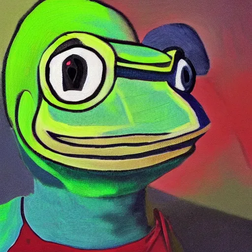Prompt: pepe the frog by pablo picasso, oil on canvas, hdr, high detail, photo realistic, hyperrealism, matte finish, high contrast, intricate, five star rating, 3 d depth, centered, masterpiece, vivid and vibrant colors, enhanced light effect, enhanced eye detail, artstationhd