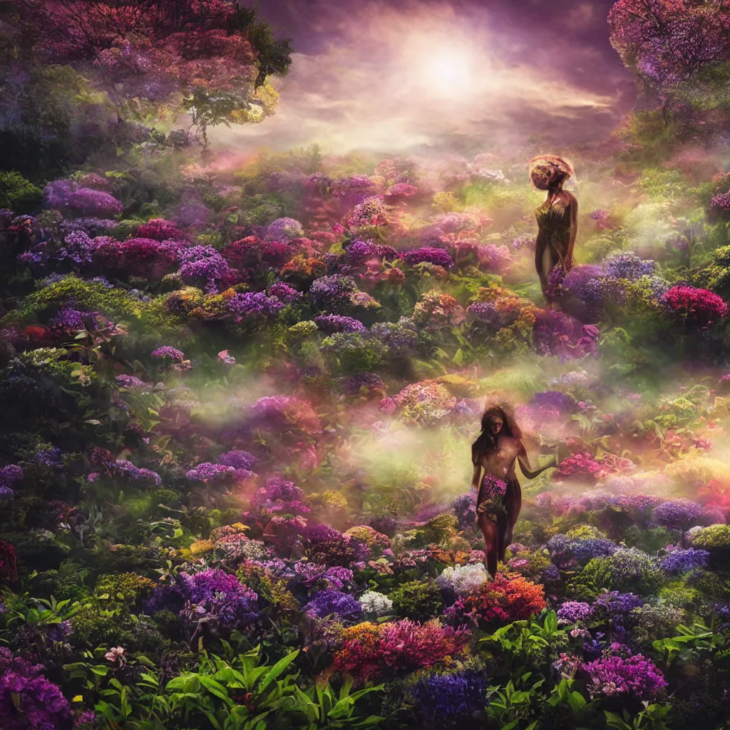 Image similar to a planet of various flowers, fungus and plants, in which the human figure is dressed in something magical and impressive, inside the picture is infinity, sunset light, Atmospheric phenomenon, artistic photography, muted colors, conceptual, long exposure outside the city