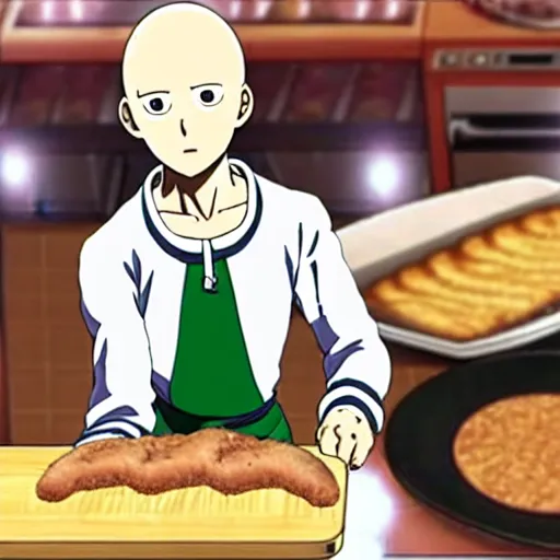 Prompt: saitama one punch man cooking long bread, bakery