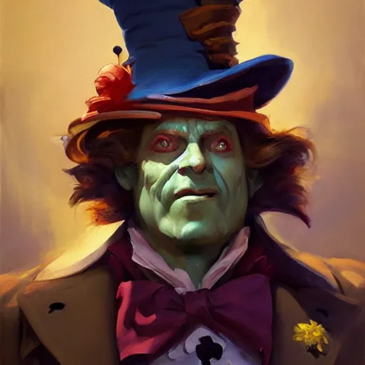 Image similar to greg manchess portrait painting of partially armored mad hatter from alice in wonderland as overwatch character, wacky, medium shot, asymmetrical, profile picture, organic painting, sunny day, matte painting, bold shapes, hard edges, street art, trending on artstation, by huang guangjian and gil elvgren and jesper ejsing