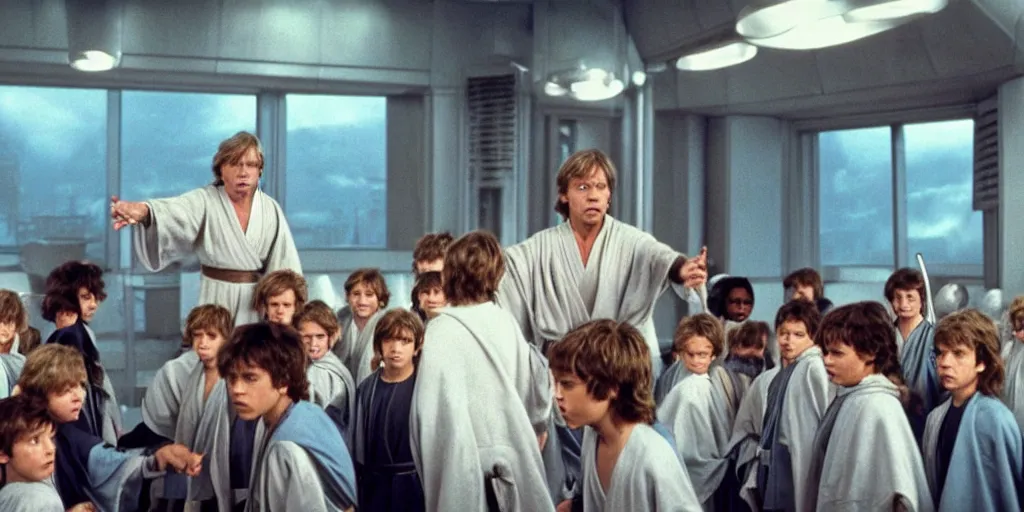 Image similar to A full color still of Mark Hamill as Jedi Master Luke Skywalker training a room full of young Jedi padawans, with large windows showing a sci-fi city outside, at dusk at golden hour, from Star Wars, directed by Steven Spielberg, 1990