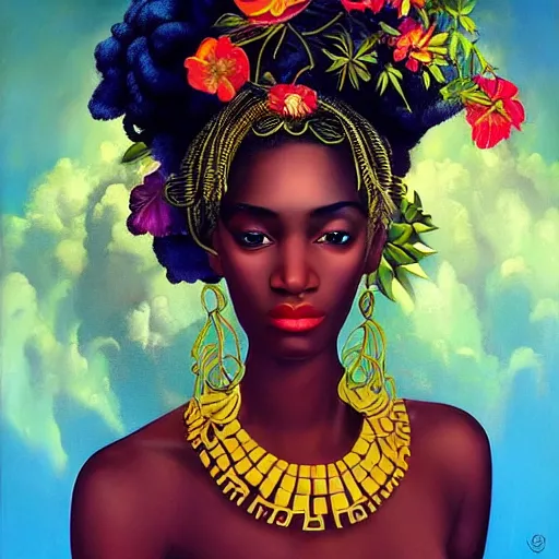 Prompt: dynamic composition, a painting of an african woman with hair of ( neon summer flowers )!! and vines wearing ornate earrings, ornate gilded details, a surrealist painting by tom bagshaw and jacek yerga and tamara de lempicka and jesse king, featured on cgsociety, pop surrealism, surrealist, dramatic lighting, voodoo!!