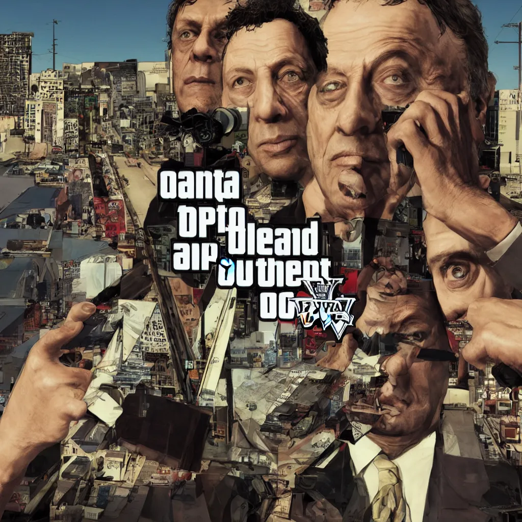 Prompt: Philip Glass GTA V cover art