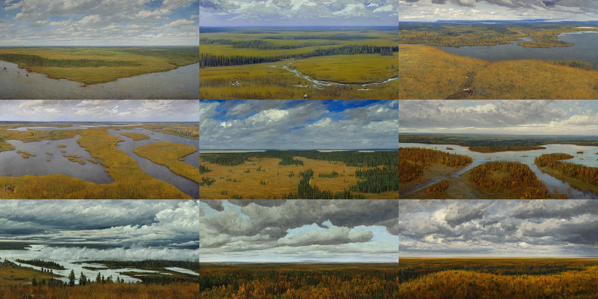 Prompt: painting in the style of Isaac Levitan, Savrasov, ivan shishkin, T Allen Lawson and Ian Fisher and sidney richard percy, view from above from plane, wide river and tiny house on the top of the hill, november october siberian taiga, coast, strong wind, road to the sea, low clouds after rain, wet grass, dream heavenly cloudy sky, horzon, hurricane stromy clouds, roads among fields, Alpes, small village, forests and mountains at sunset sunrise, volumetric lighting, very beautiful scenery, pastel colors, ultra view angle view