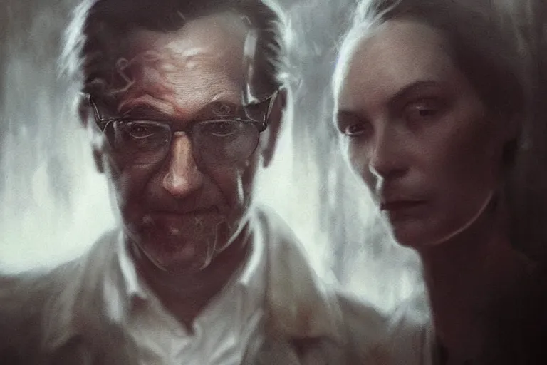 Image similar to an ultra realistic cinematic headshot portrait of an evil scientist, stood outside a corner shop, foggy, detailed, deep focus, movie still, dramatic lighting, by krenz cushart and!! annie leibovitz!!