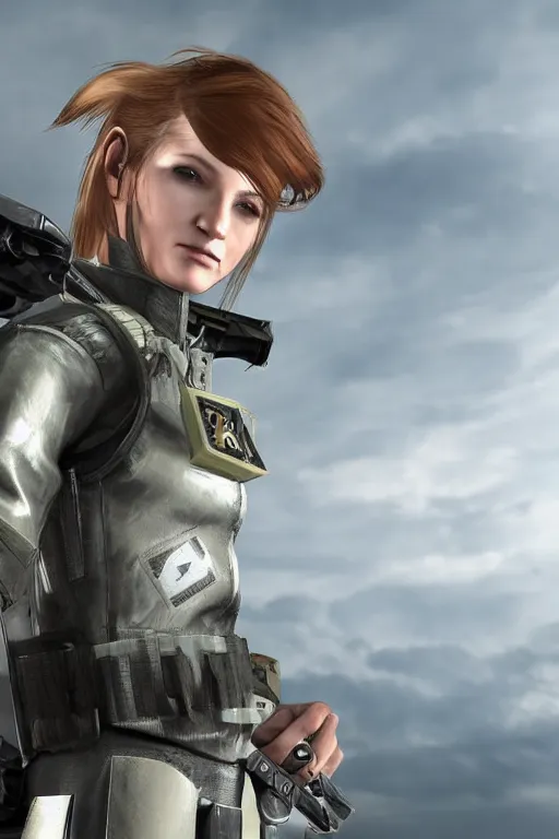 Image similar to portrait photo of beautiful young female space police officer, clothed in military armor, long hair blowing in the wind, from metal gear. Future war zone behind her. by Anita Sadowska
