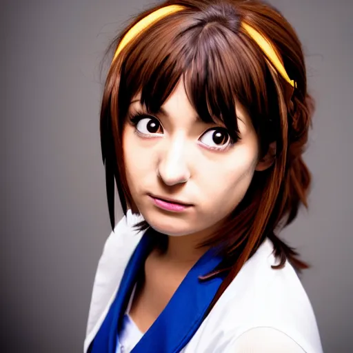 Image similar to professional portrait photograph, realistic photo of haruhi suzumiya from the melancholy of haruhi suzumiya.