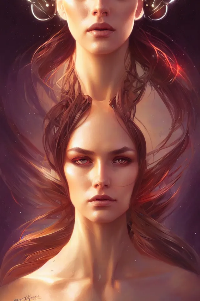 Image similar to futuristic woman portrait, sci-fi, amber eyes, face, long hair, fantasy, intricate, elegant, highly detailed, digital painting, artstation, concept art, smooth, sharp focus, illustration, art by artgerm and greg rutkowski and alphonse mucha