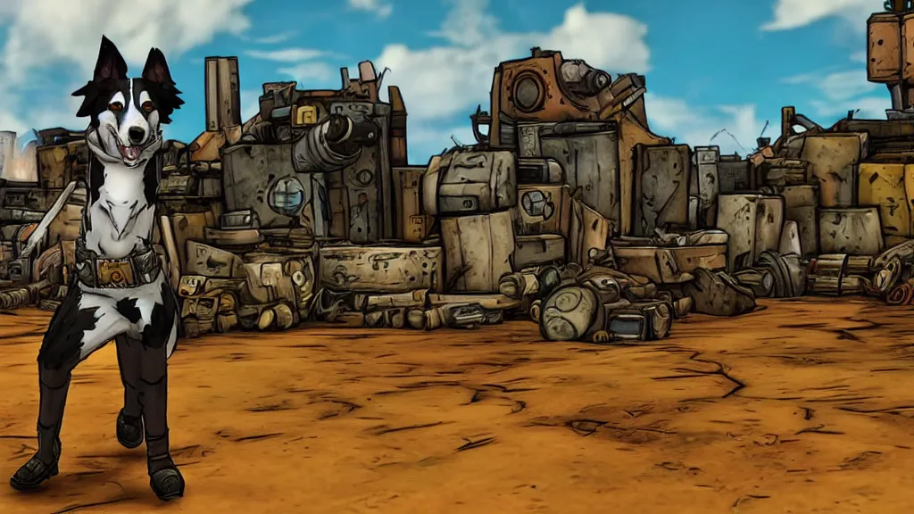 Prompt: border collie in the style of borderlands 2. Borderlands 2 level background.