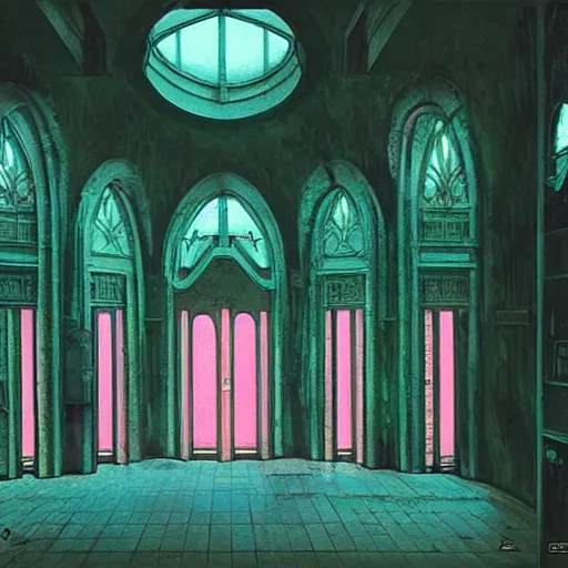 Image similar to 70s interior with arched windows, pink neon lighting, greenery, cyberpunk, dramatic, fantasy, by Moebius, by zdzisław beksiński, Fantasy LUT, epic composition,