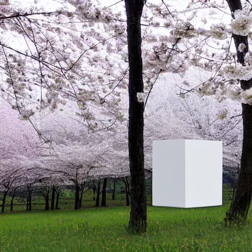 Image similar to photograph of a white concrete cube sitting in the middle of a cherry blossom forest clearing, foggy, liminal