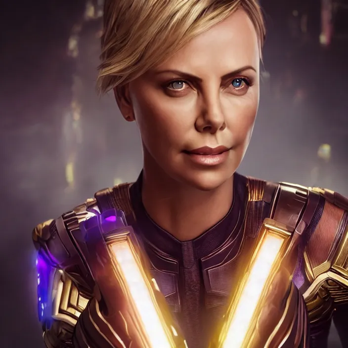 Prompt: portrait of (Charlize Theron), wearing The Infinity Gauntlet. (((infinity stones))) intricate artwork. octane render, trending on artstation, very coherent symmetrical artwork. avengers. thanos. cinematic, hyper realism, high detail, octane render, 8k, iridescent accents