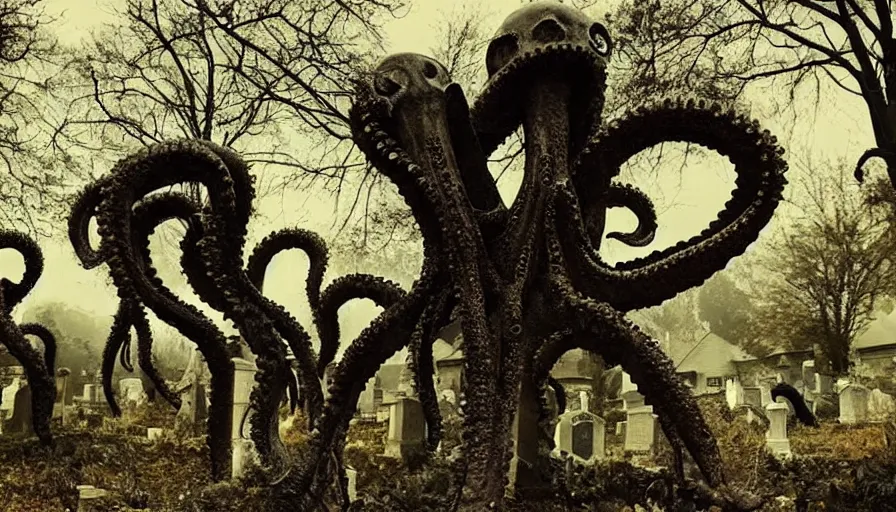 Image similar to Big budget horror movie set in a graveyard at night, where a satanic cult summons a demonic octopus