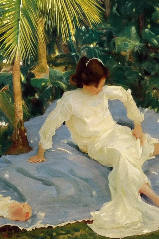 Image similar to girl with detailedly skirt lay down on a detailed persian carpet, tree palms in background, painting by john singer sargent