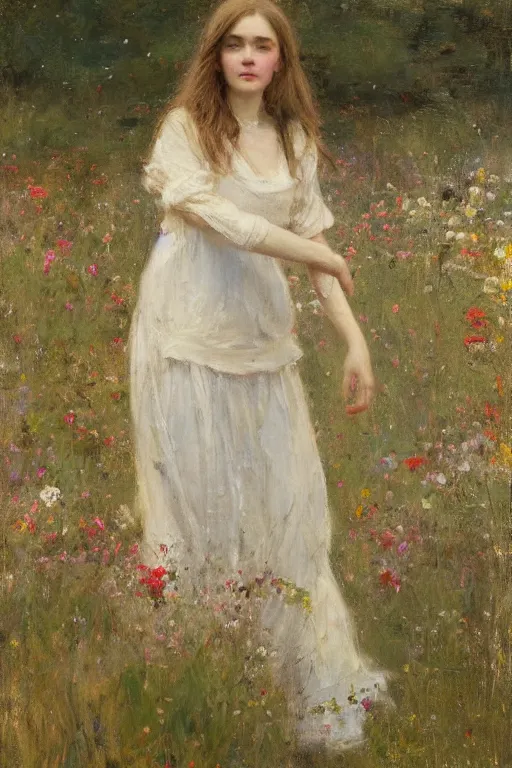 Image similar to Richard Schmid and Jeremy Lipking full length portrait painting of a young beautiful edwardian girl walking through a field of flowers with hands behind her back