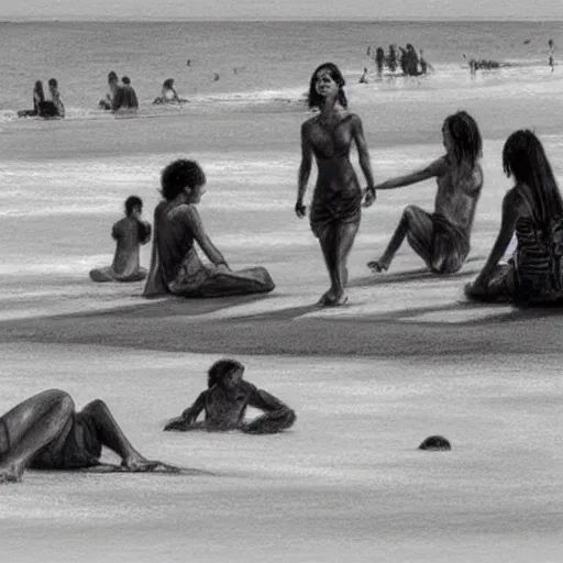 Image similar to A beautiful drawing of a group of people on a beach. The colors are muted and the overall tone is serene. The people are all engaged in different activities, from reading to playing games, and the artwork seems to be capturing a moment of peace and relaxation. by Robert Hagan, by Luis Royo