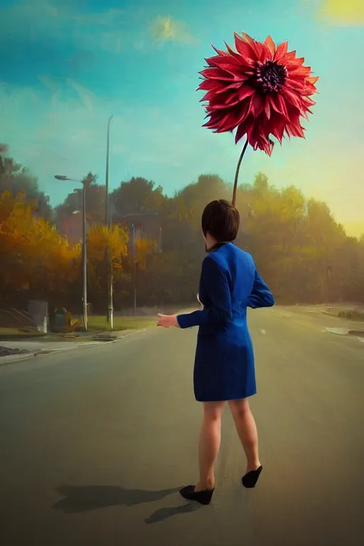 Image similar to closeup giant dahlia flower head, girl in a suit on a street, surreal photography, blue sky, sunrise, dramatic light, impressionist painting, digital painting, artstation, simon stalenhag