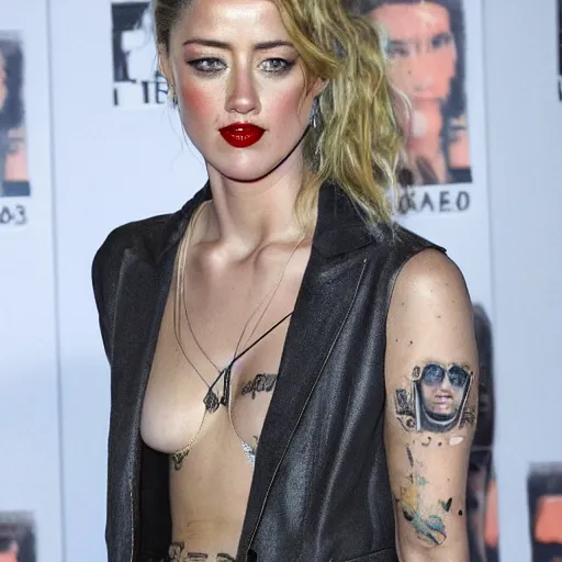 Prompt: a weathered Amber Heard in prison outfit in jail with prison tattoos all over her arms