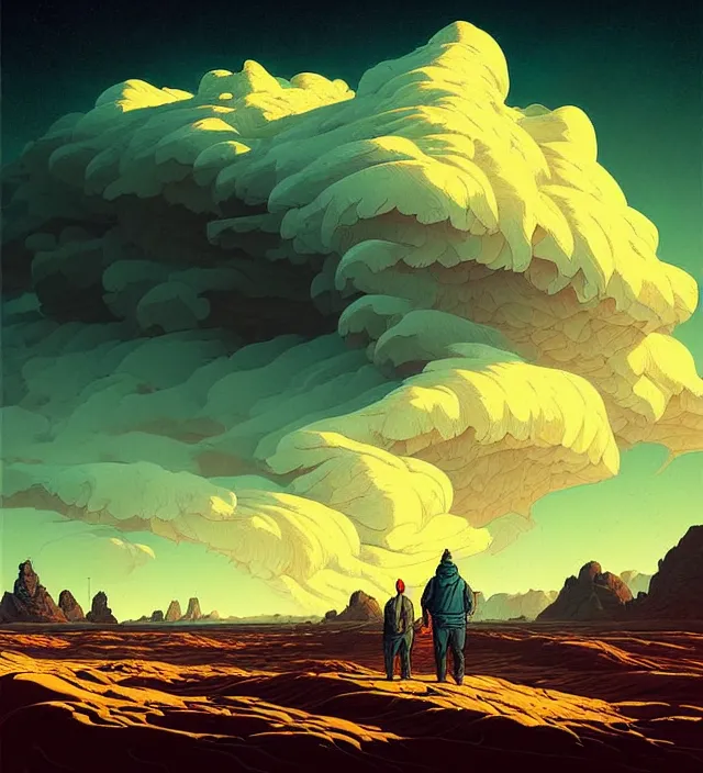 Prompt: a 🌊 swirling in the sky above a barren 🏜 by ivan shishkin and zacharias aagaard and simon stalenhag and dan mumford, chiaroscuro, hyper detailed, high saturation, retrowave, minimalism