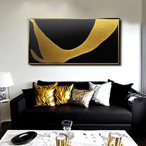 Prompt: a pour painting on canvas, gold black silver colors, abstract, thick paint, glossy, resin coated