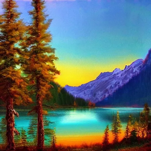 Image similar to ! dream lake in the alps at sunset painted by bob ross