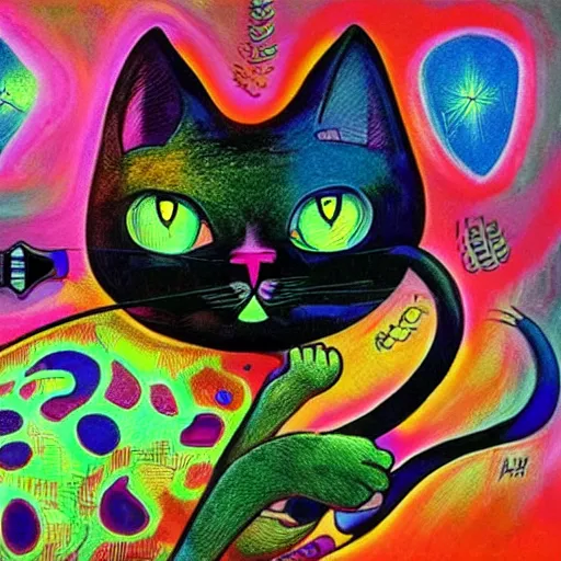 Prompt: cat merged with a computer monitor, surreal, colorful, artwork by Ralph Bakshi