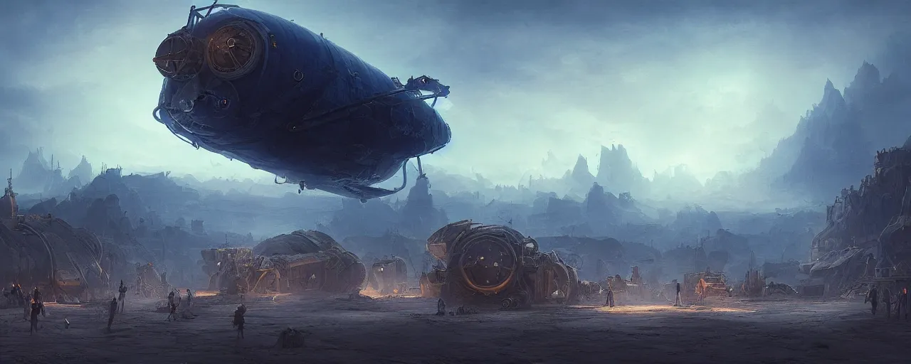 Image similar to Dark blue glowing desert with old steampunk airship as the subject, big and laying in the middle, barely functioning, it has attracted a crowd, very detailed concept art, matte painting, digital art, concept art, realistic beautiful, trending on Artstation, Greg Rutkowski