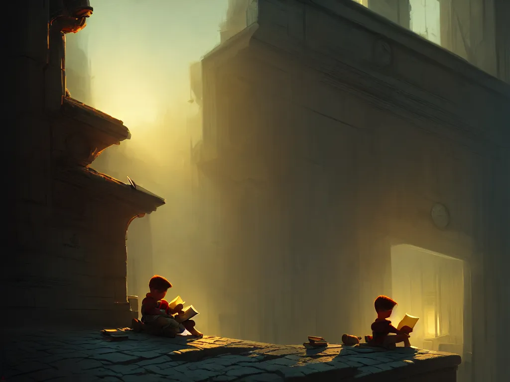 Prompt: kid reading a history book, dramatic lighting, cinematic, establishing shot, high detail, cinematic lighting, post processed, 8k, concept art, artstation, matte painting, in the style of eddie mendoza, raphael lacoste, alex ross