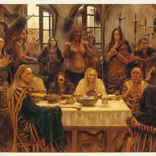 Image similar to witchcraft seminar at a university, by donato giancola and berthold woltze.