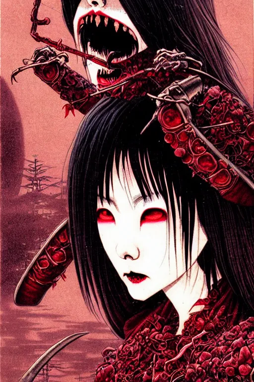 Prompt: japanese vampire girl, character portrait, portrait, close up, concept art, intricate details, highly detailed, eyes, yokai, blood, fangs, claws, cherry blossom, soft light, vintage sci - fi poster, in the style of chris foss, rodger dean, moebius, michael whelan, and gustave dore