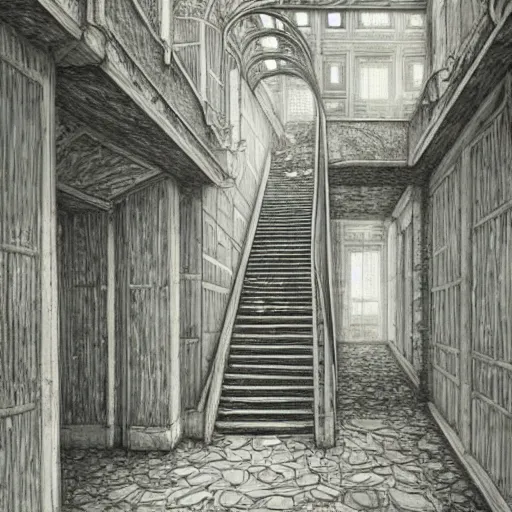 Image similar to a rotten fungus mushroom clump in a bright white hallway with many doors and stairs, Mc Escher architecture, epic composition, decay, by Makoto Shinkai