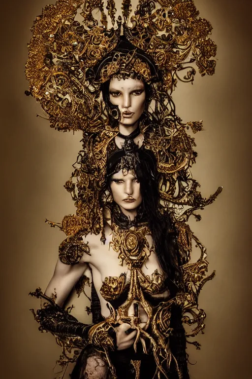 Image similar to a portrait of female model by stefan geselle and nekro borja, photorealistic, intricate details, hyper realistic, fantasy, ornate metal gold headpiece, photorealistic, canon r 3, photography, wide shot, photography, dark beauty, symmetrical features, wide angle shot, whole body, full body shot, standing pose, feet on the ground