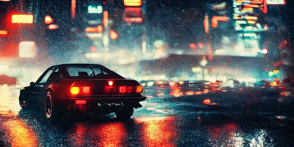 Image similar to a single bmw m 1, speeding down tokyo highway in the rain, night time, neon lights, thunderstorm, movie still from the film bladerunner