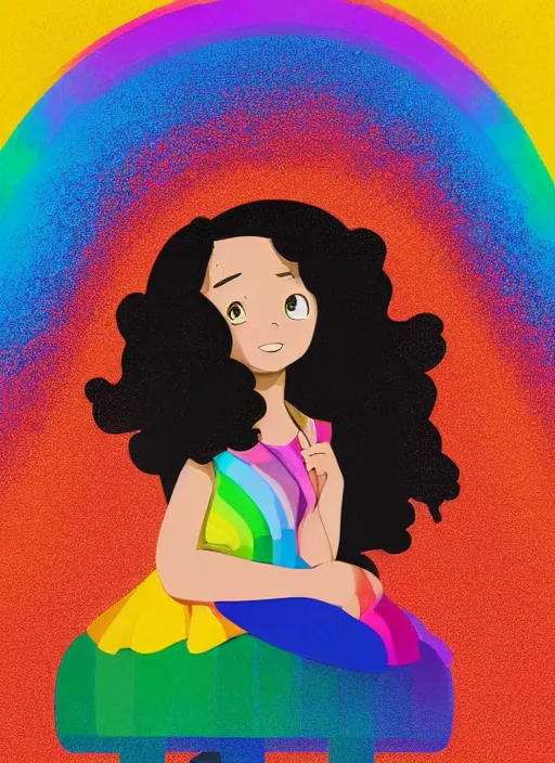 Prompt: a little girl with wavy curly rainbow hair sitting in an armchair. clean cel shaded vector art. shutterstock. behance hd by lois van baarle, artgerm, helen huang, by makoto shinkai and ilya kuvshinov, rossdraws, illustration, art by ilya kuvshinov