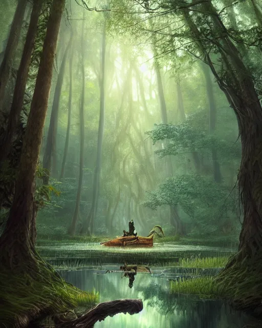 Prompt: a huge magical pond surrounded by a dense forest of crooked trees, roots reaching out to the water, fireflies, deep focus, d & d, fantasy, intricate, elegant, highly detailed, digital painting, artstation, concept art, matte, sharp focus, illustration, hearthstone, art by greg rutkowski and alphonse mucha and andreas rocha