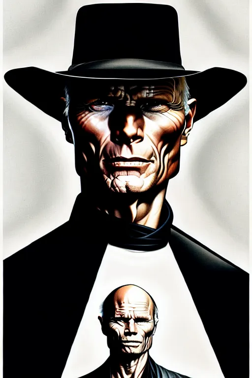 Image similar to ed harris as the man in black, westworld, wearing an all white outfit in the style of art by artgerm and greg rutkowski and alphonse mucha