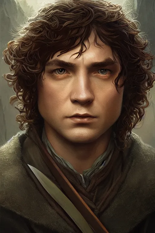 Image similar to A beautiful digital painting of a male hobbit ranger, symmetrical close-up portrait, intricate, cinematic lighting, highly detailed, digital painting, Artstation, concept art, smooth, sharp focus, illustration, art by Tom Bagshaw, Artgerm and Greg Rutkowski