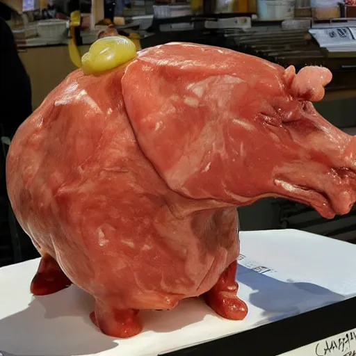 Prompt: a sculpture of chappy, made out of meat