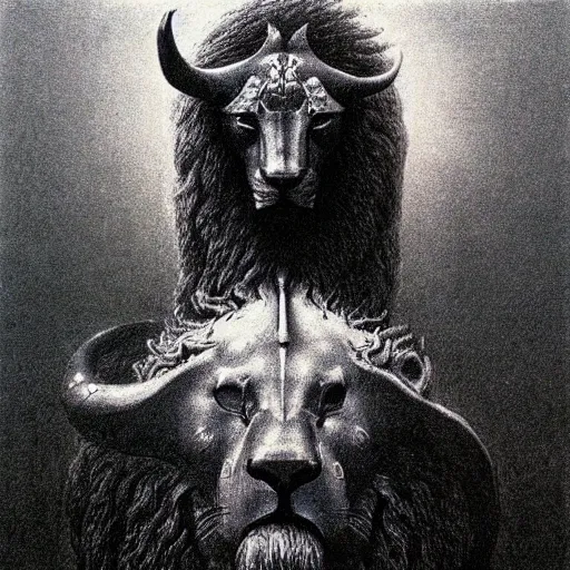 Image similar to god with with four faces : man, lion, eagle, bull. drawn by zdzislaw beksinski