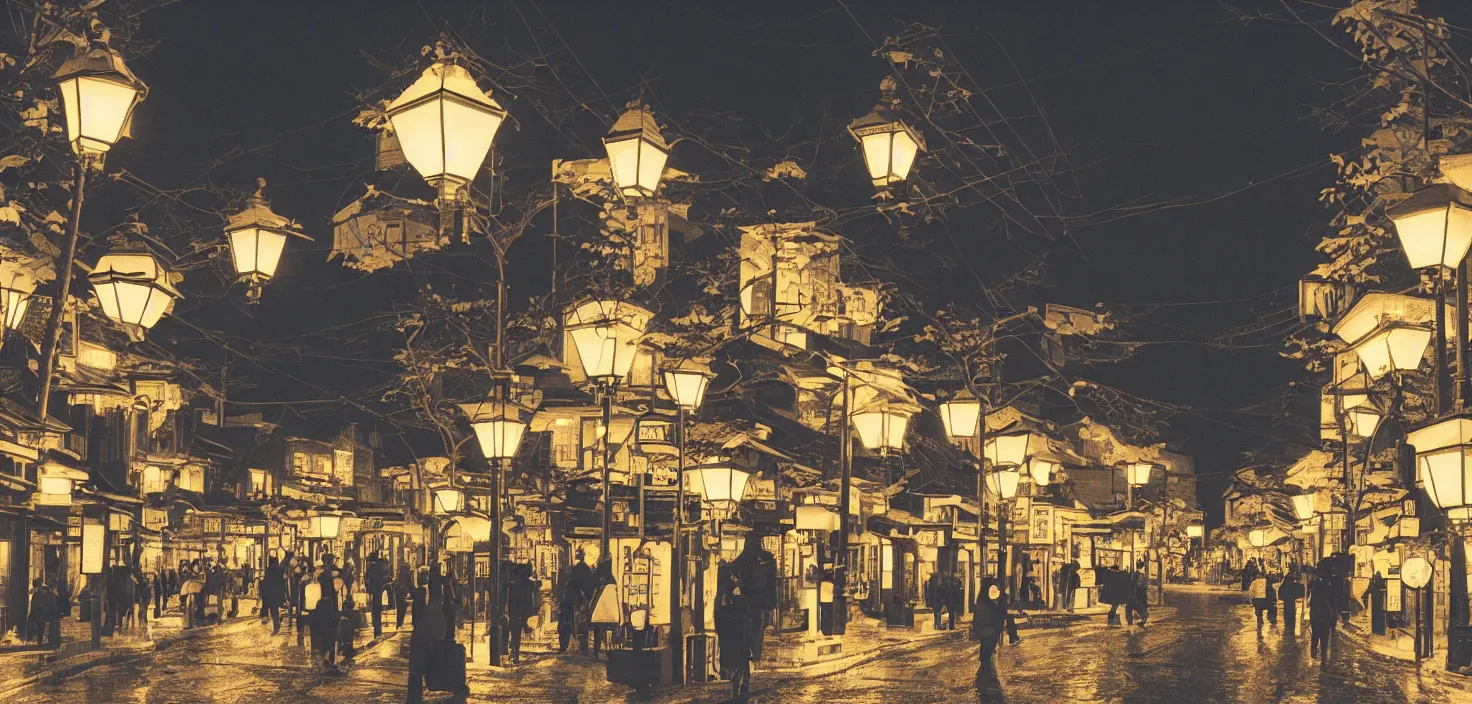 Image similar to beautiful illustration of kyoto streets at night, winter, illuminated by globe street lamps