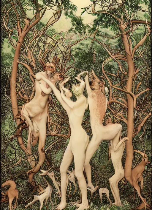 Prompt: photo of a pagan nymps dancing with fawns having a profound lifechanging psychedelic experience in a deep thorns bones bloody forest , by and Austin Osman Spare and Takato Yamamoto and Vania Zouravliov, high resolution, rendered in octane 3d
