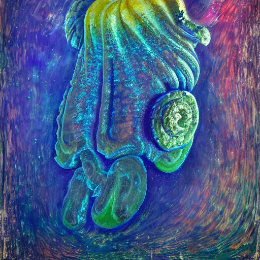 Image similar to Hyperrealistic intensely colored Studio wet collodion Photograph portrait of a deep sea psychedelic bioluminescent tardigrades deep underwater in darkness long exposure, award-winning nature deep sea expressionistic impasto heavy brushstrokes oil painting by Fabian Marcaccio and Jean Dubuffet and Audubon vivid colors hyperrealism 8k