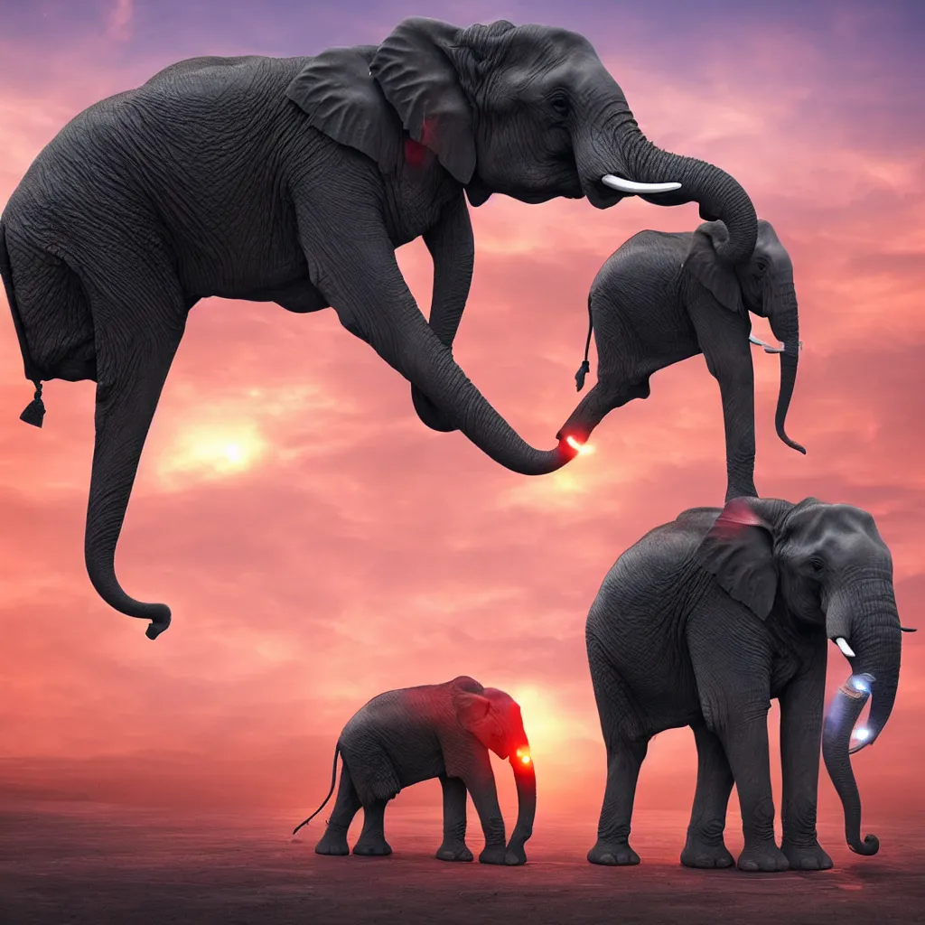 Image similar to A single elephant with lasers coming out of it's eyes, cyberpunk elephant in front of a sunset