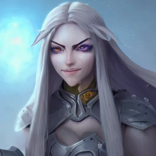 Prompt: a night elf girl with grey skin, yellow eyes and hair, ponytail, wearing armor, highly detailed, digital painting, artstation, matte, by makoto shinkai, animation style