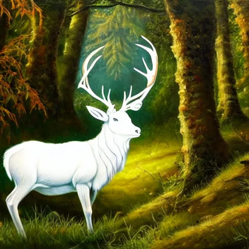 Image similar to bright white stag grazing in a dense green forest, high fantasy, oil painting, high detail.