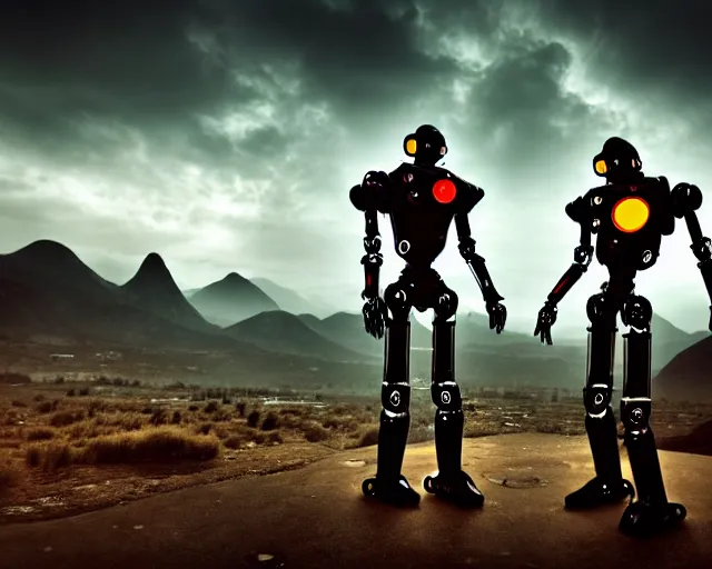 Image similar to two humanoid futuristic robot fighting each other, landscape, Cyberpunk, Steampunk, cloudy, mountains on background, peaceful day